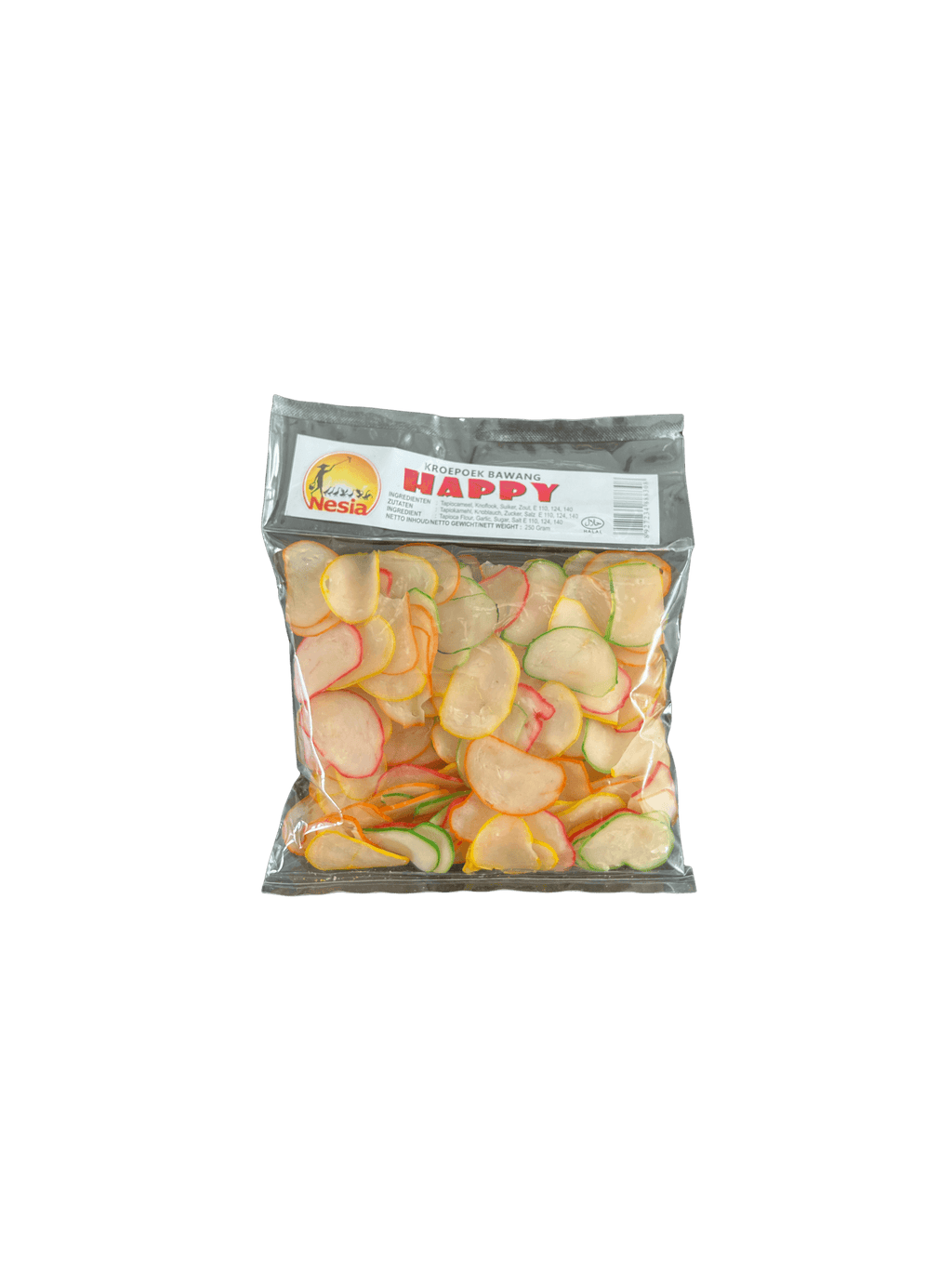 Knuspriger Kerupuk Happy von Nesia Food, typische indonesische Lebensmittel, in einer offenen Verpackung.