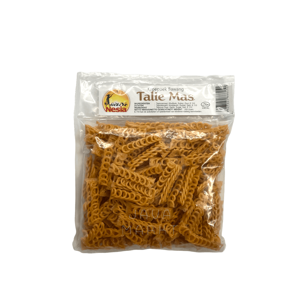 Knusprige Kerupuk Talie Mas von Nesia Food, traditionelle indonesische Snacks in goldener Farbe, häufig als Beilage serviert