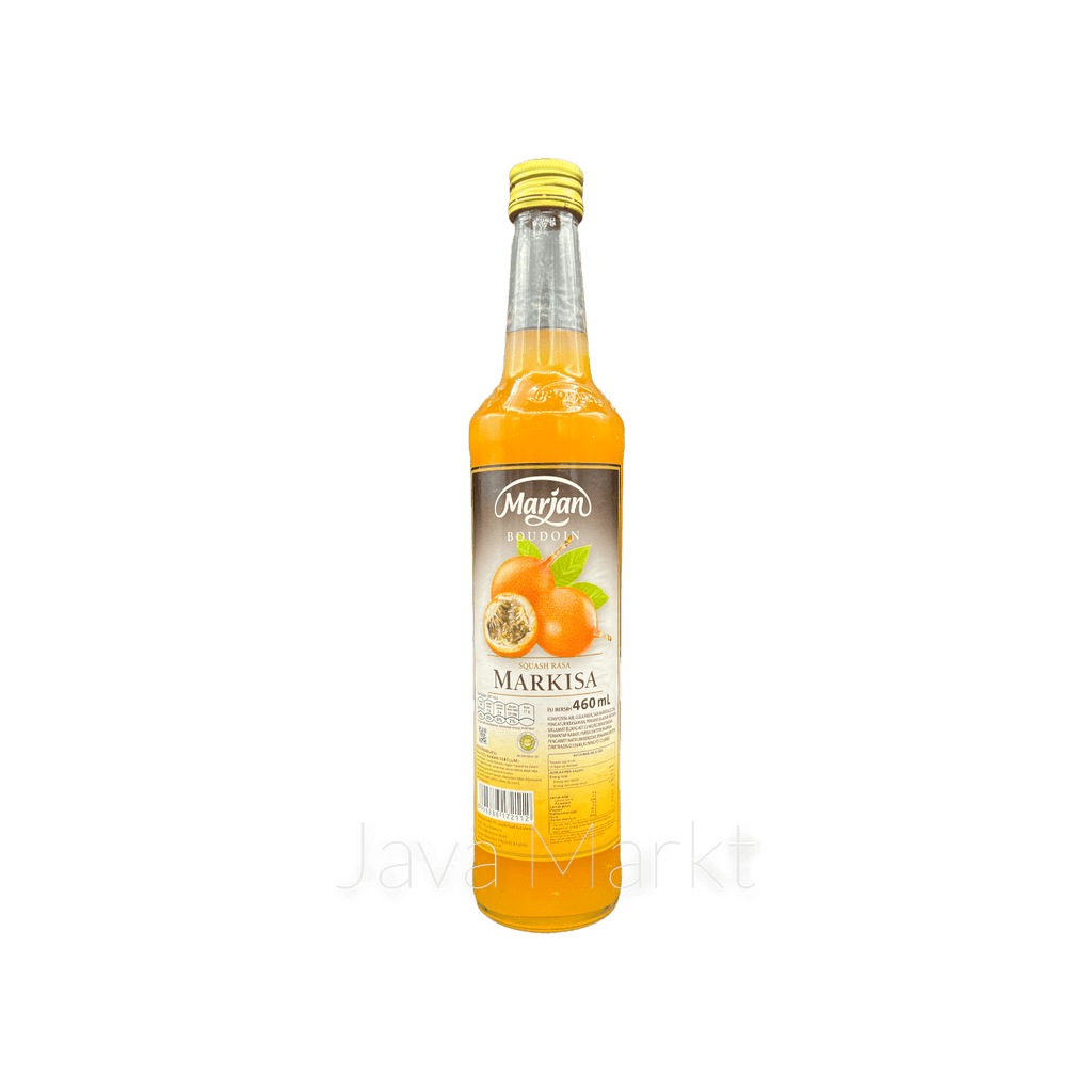 Marjan Sirup Markisa von Nesia Food in Flasche, zeigt den gelben Markisa-Fruchtsirup für Getränke und Desserts