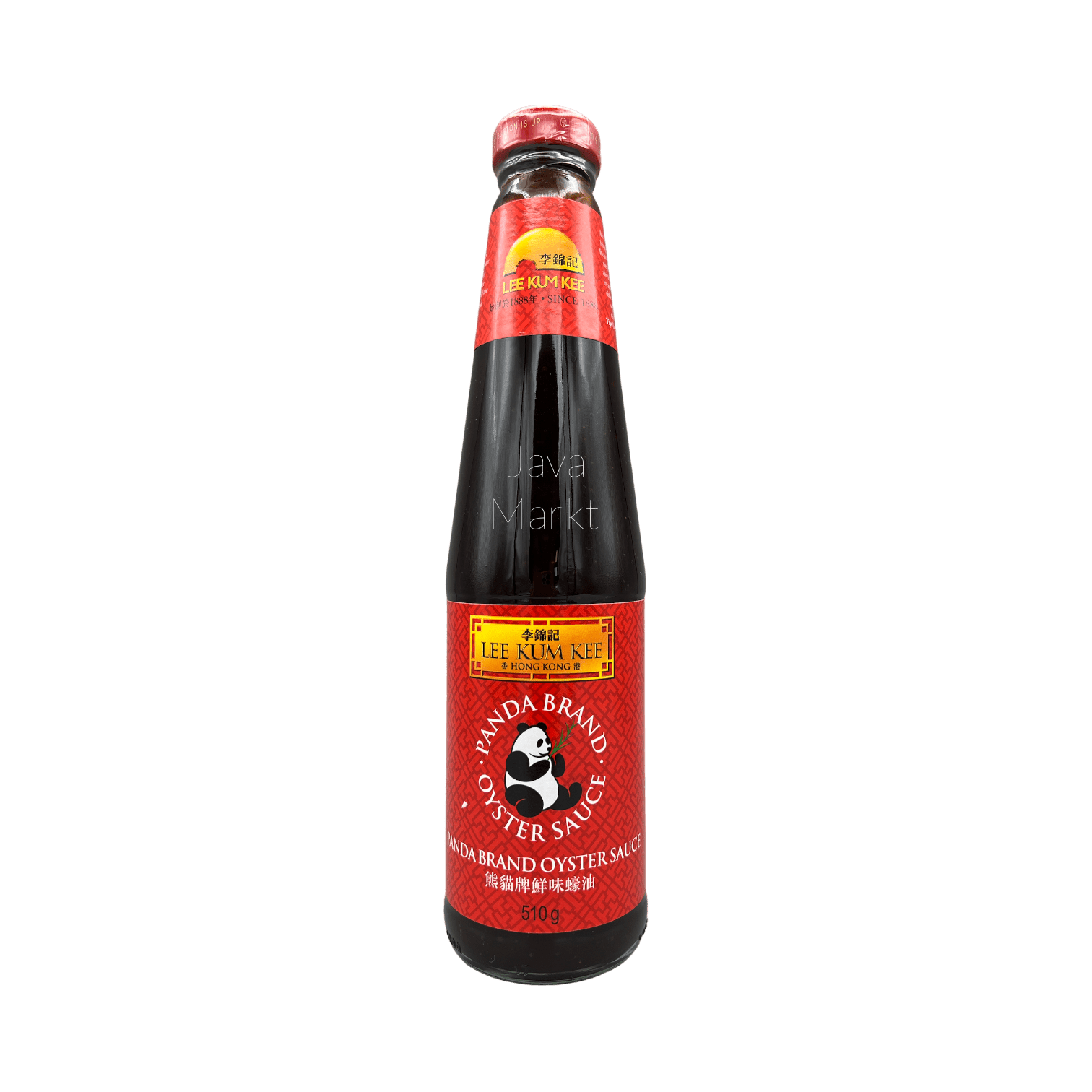 Oystersoße von Lee Kum Kee, Panda Marke, in einer Flasche, typische asiatische Sauce für die Küche, auf weißem Hintergrund.