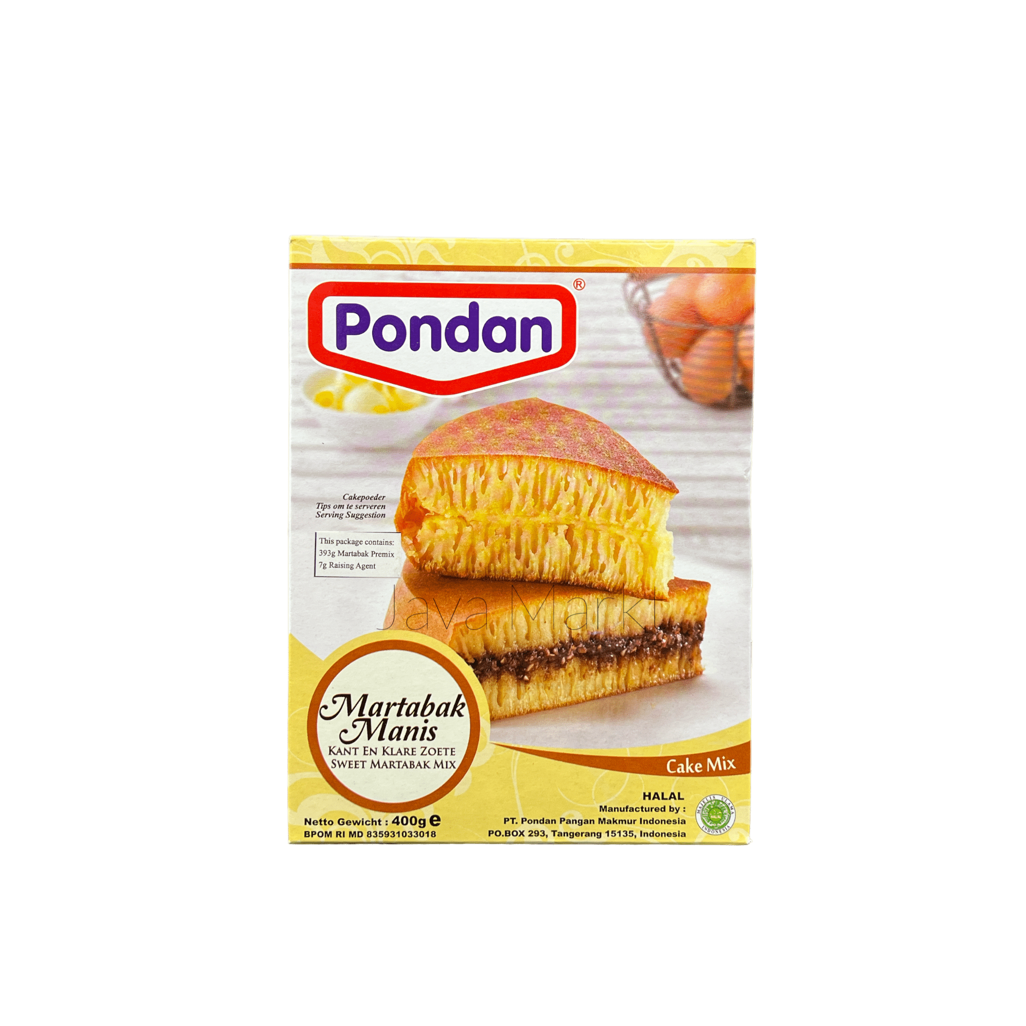 Vanka Kawat Pondan Tepung Martabak Manis, Mehl für süßen indonesischen Martabak, in einer Packung auf weißem Hintergrund